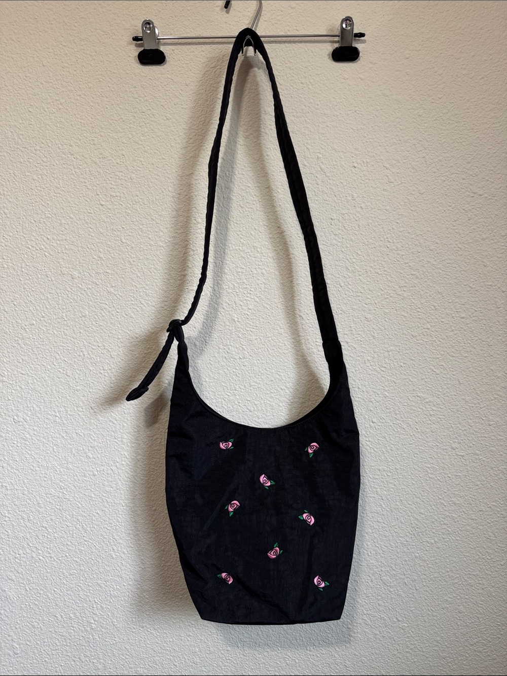 BAGGU Black Sling Bag with Pink Rose Embroidery